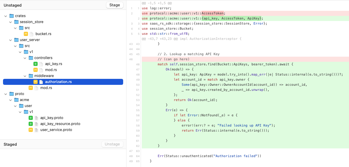 Diff view of authorization middleware module