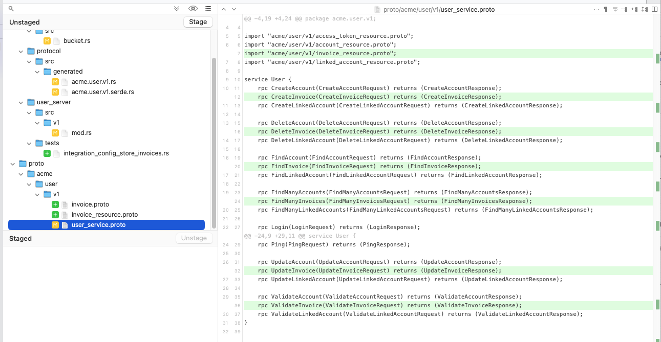 Diff view of service proto file